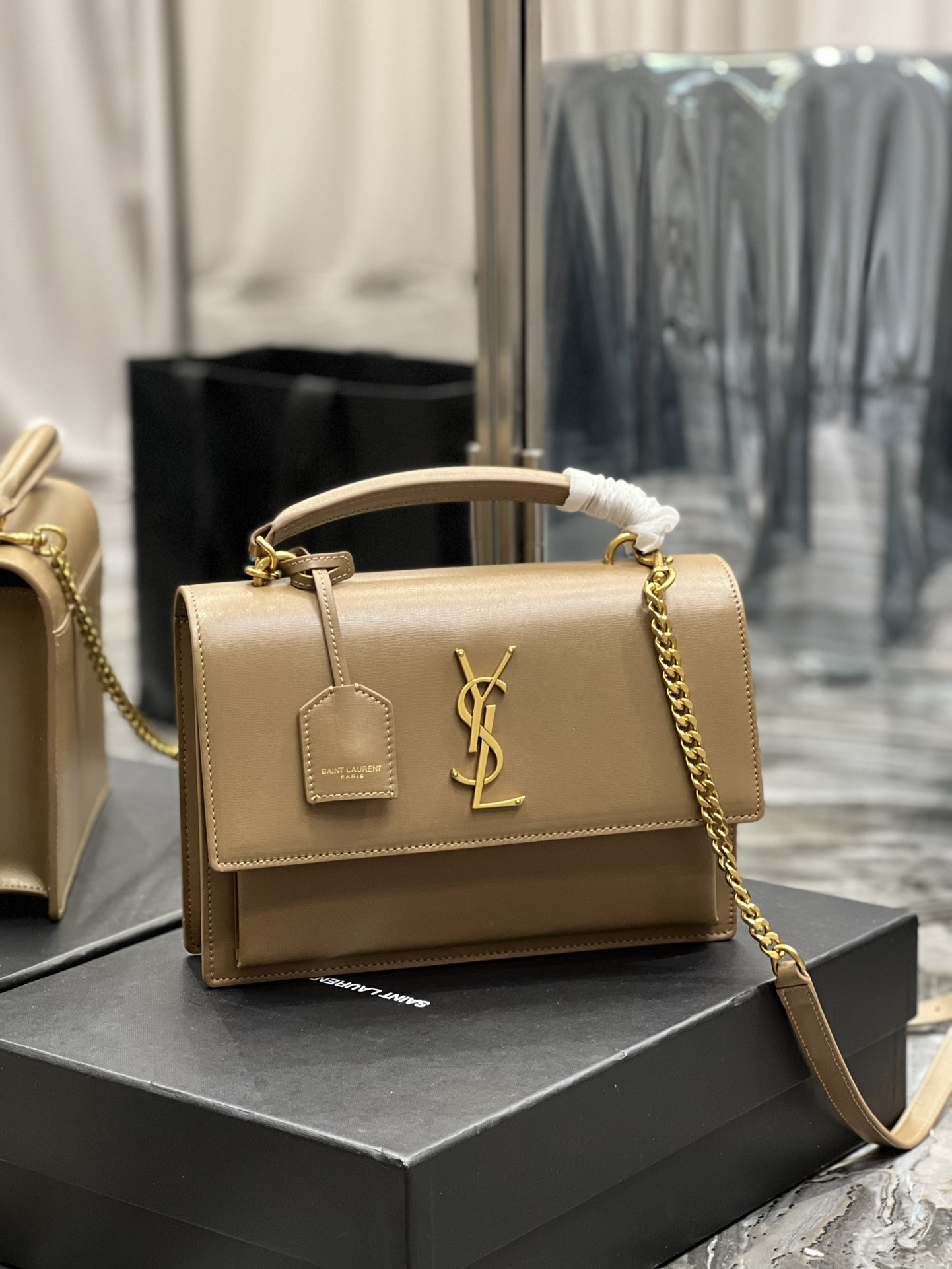 Ysl Sunset Medium Top Handle In Smooth Leather