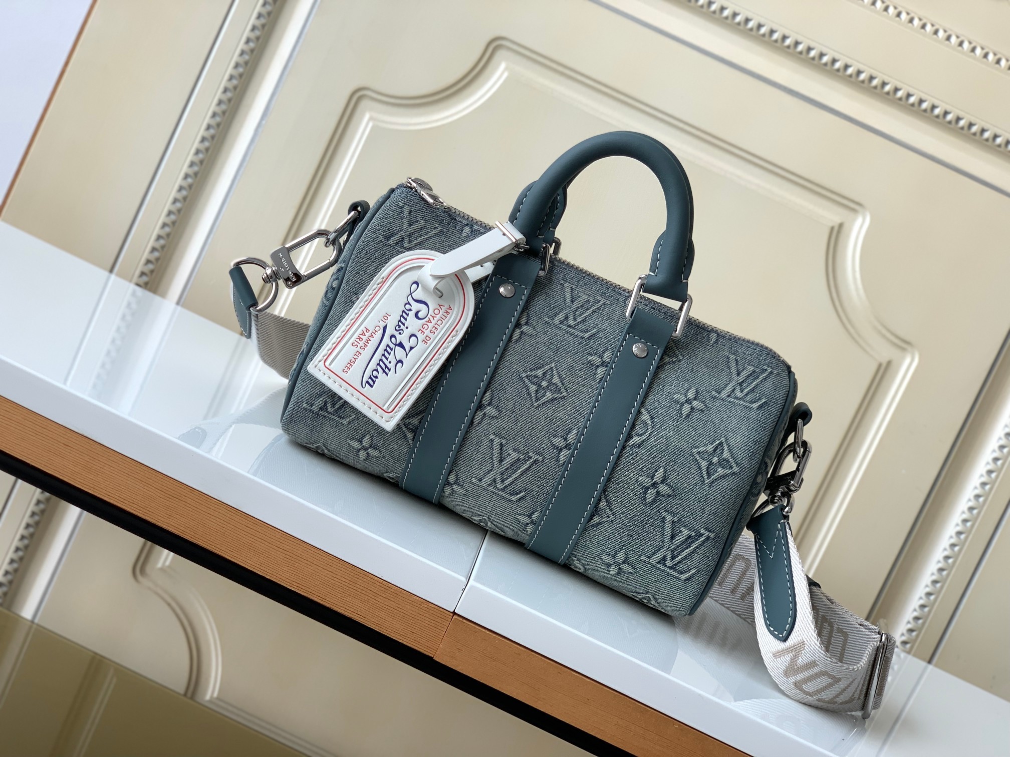 LV M22762 Denim-Embossed Keepall Bandoulière 25 Handbag