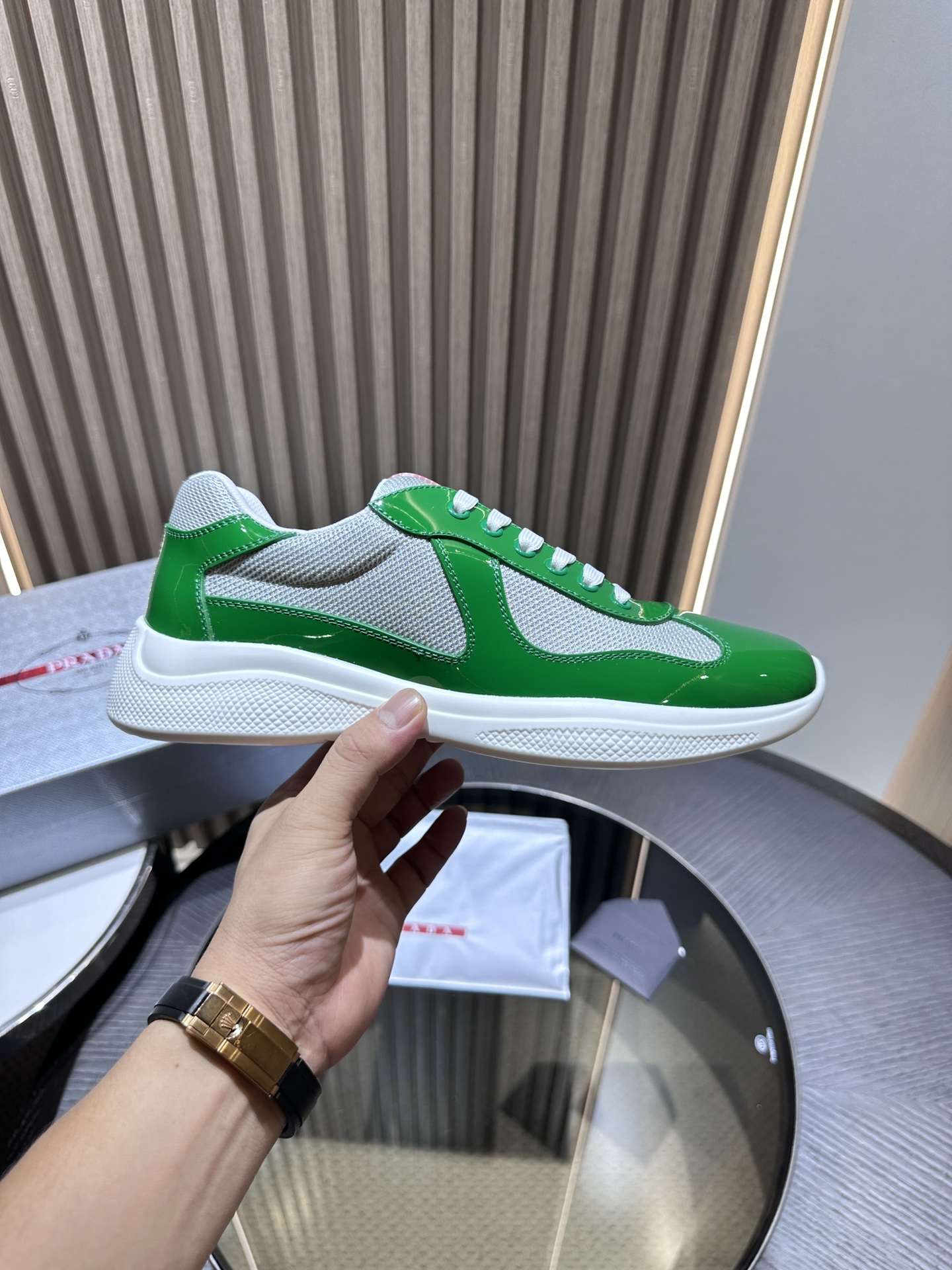 PRADA Men''s Green Leather Lace-Up Low-Top Sneakers with Cushioning for Casual Wear