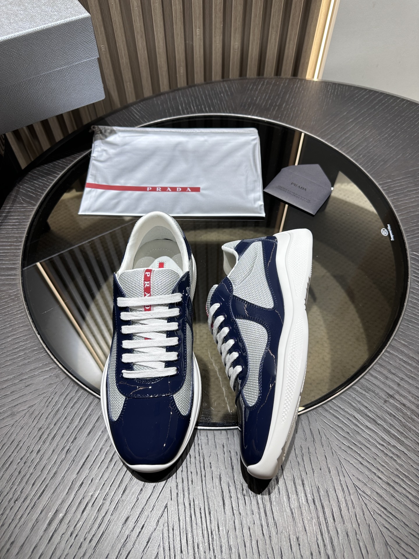 PRADA Silver-Blue Patent Leather Lace-Up Sneakers – Low-Top, Durable & Stylish