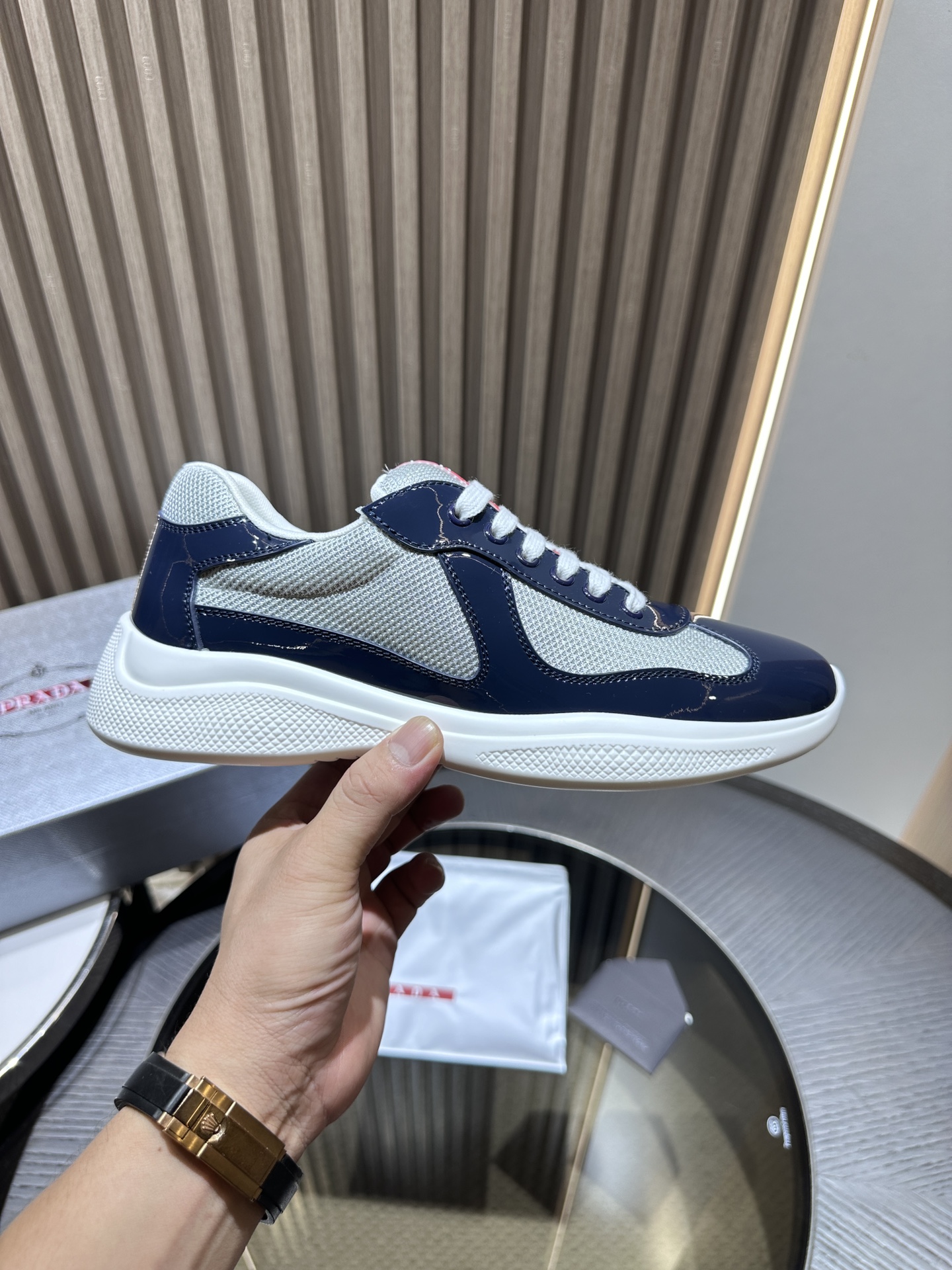 PRADA Silver-Blue Patent Leather Lace-Up Sneakers – Low-Top, Durable & Stylish