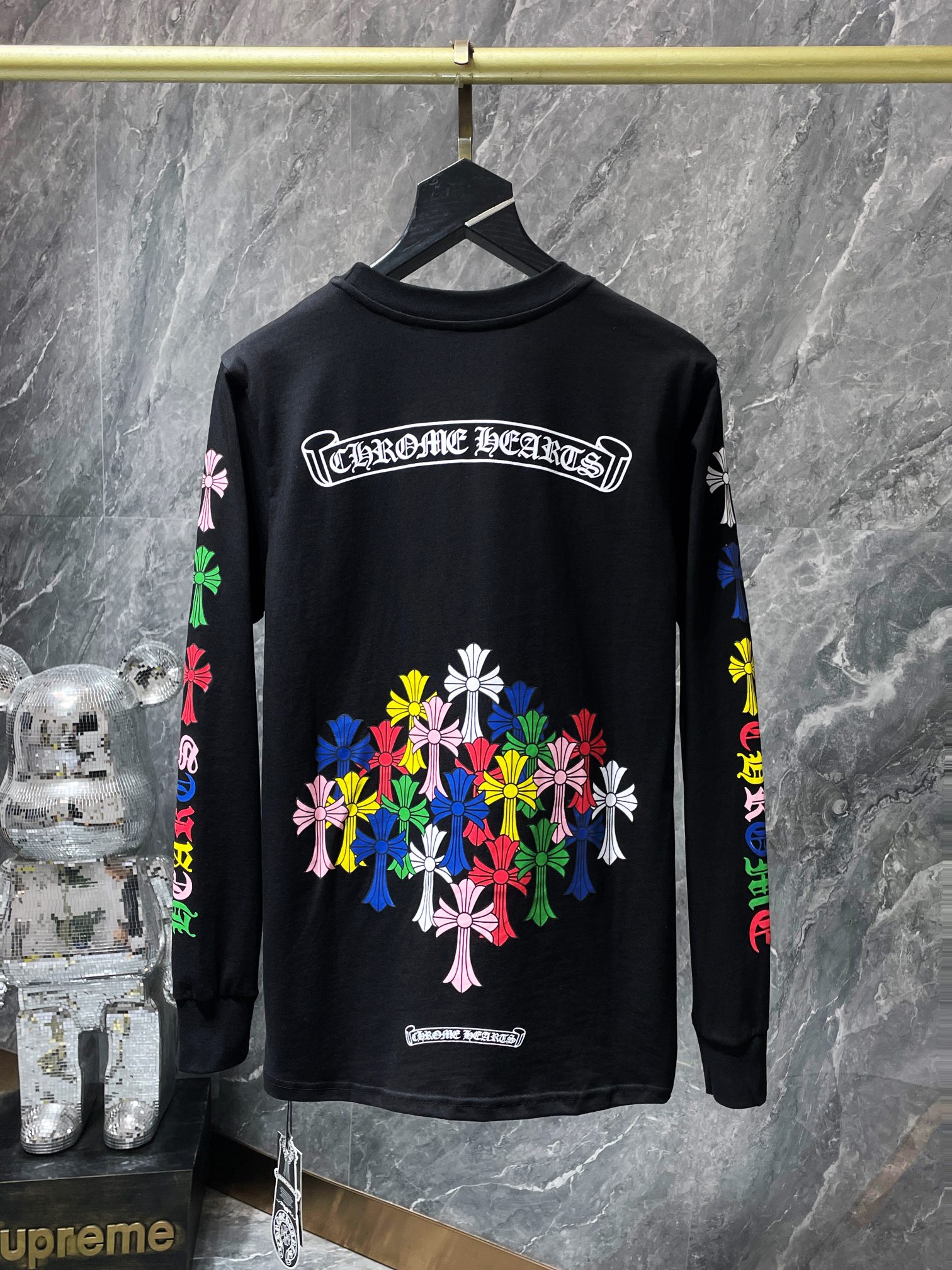 Ch*0me He**ts ss22 cross & letter print round neck long sleeve t-shirt - unisex black