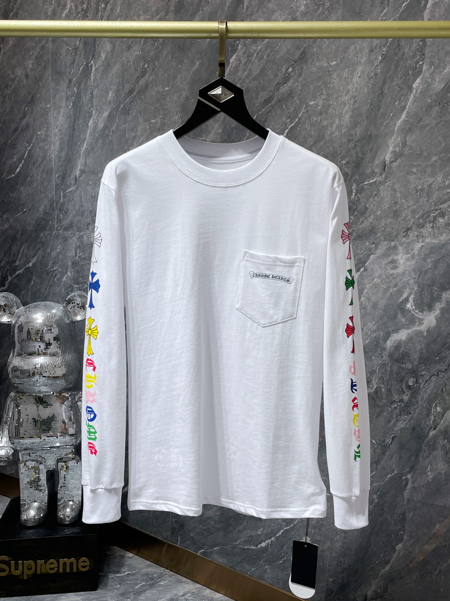 Ch*0me He**ts ss22 cross & letter print round neck long sleeve t-shirt - unisex white