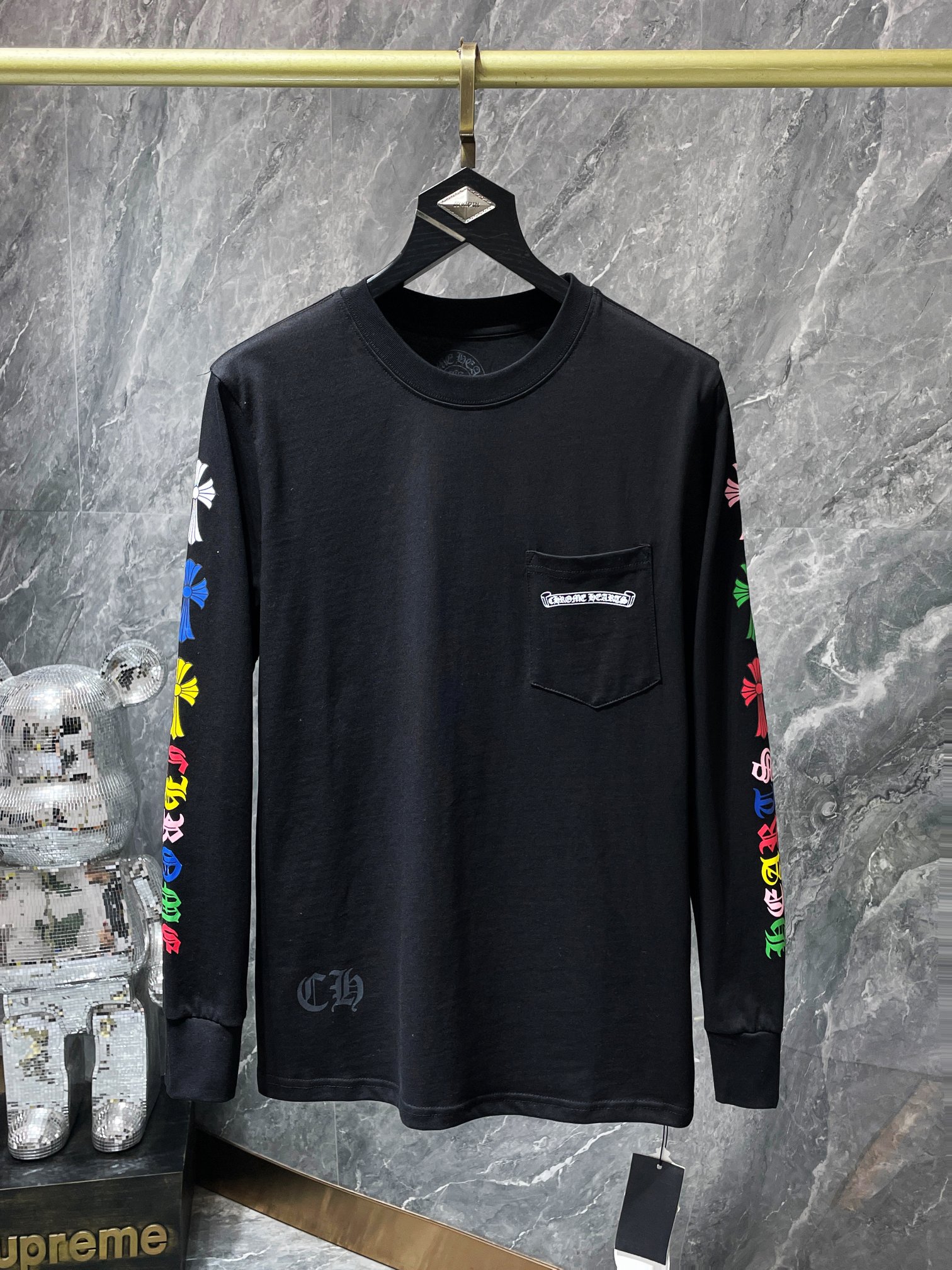 Ch*0me He**ts ss22 cross & letter print round neck long sleeve t-shirt - unisex black